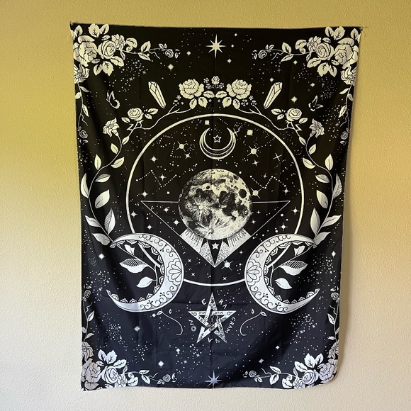 Other - Black & white moon, crystal & flowers tapestry